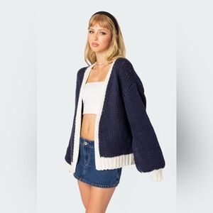 Edikted Navy and Cream Chunky Open-Front Cardigan